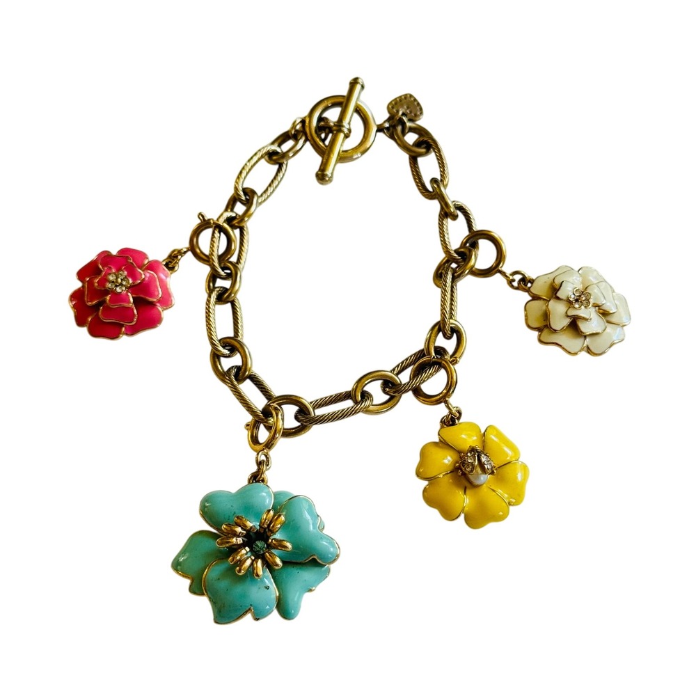 Stella & Dot‎ Blooming Flower Charm Bracelet gold enamel jeweled Dangle pastel